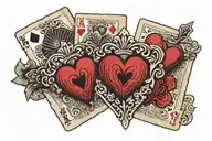 Incorporate the Three of Hearts playing card into a realistic poker hand.  tattoo design idea