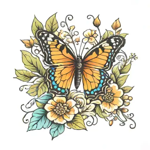 butterfly with flowers tattoo design idea