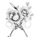 A pair of scissors intertwined with blooming flowers tattoo design idea