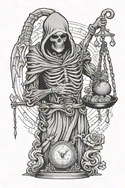 grim reaper holding a scale with a brain and heart displayed on the scales tattoo design idea