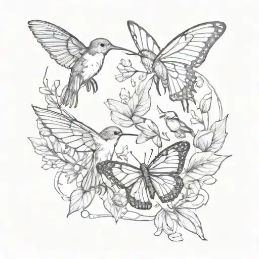 Monarch butterfly and humming bird crossing paths tattoo design idea