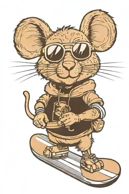 brown mouse with cut in right ear, wearing sunglasses arms crossed with a snowboard tattoo design idea