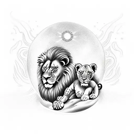lion with cub, star and sun forest tattoo design idea