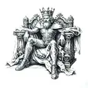 A queen sitting on a throne with a crown, while a man kneels at her feet in submission tattoo design idea