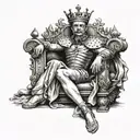 A queen sitting on a throne with a crown, while a man kneels at her feet in submission tattoo design idea