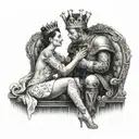 A queen sitting on a throne with a crown, while a man kneels at her feet in submission tattoo design idea