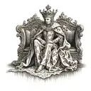 A queen sitting on a throne with a crown, while a man kneels at her feet in submission tattoo design idea