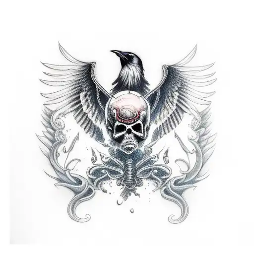 death surrounded by a black raven and blue eyed wolf tattoo design idea