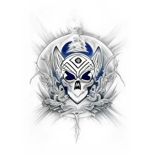 death surrounded by a scary black raven and beautiful blue eyed wolf tattoo design idea