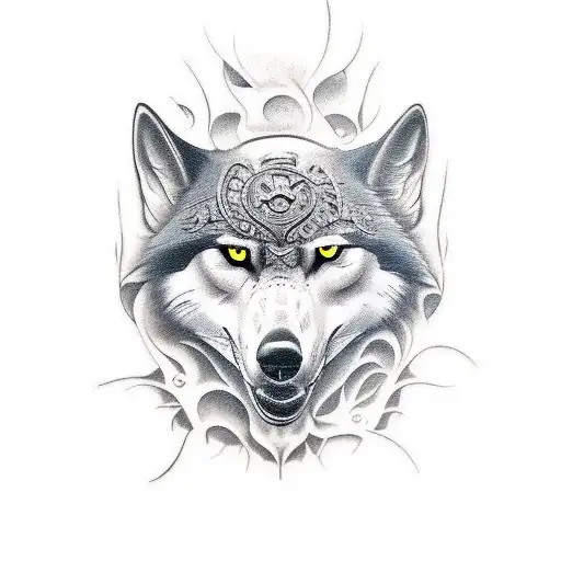 death surrounded by a black raven and blue eyed wolf tattoo design idea