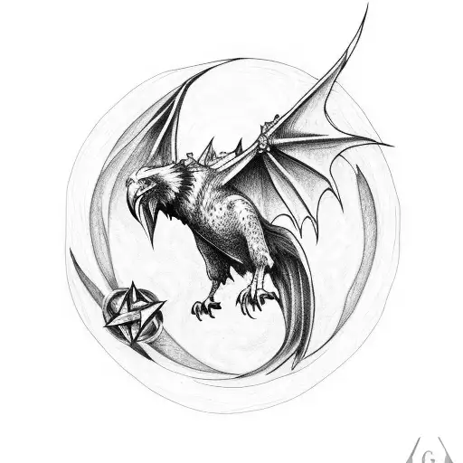  gothicy witchy tattoo with a raven, dragon, wolf and pentagram tattoo design idea