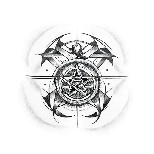 pentagram surrounded by a raven, dragon, and blue eyed wolf tattoo design idea