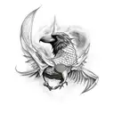 balanced good and evil surrounded by a raven, dragon, and wolf  tattoo design idea
