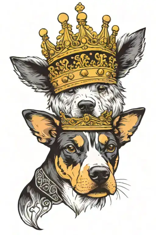 The head and chest of a crowned black and white dog inside a shirt pocket. There is a crown on it's head that is cocked. tattoo design idea