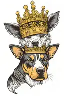 The head and chest of a crowned black and white dog inside a shirt pocket. There is a crown on it's head that is cocked. tattoo design idea