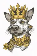 The head and chest of a crowned black and white dog inside a shirt pocket. There is a crown on it's head that is cocked. tattoo design idea