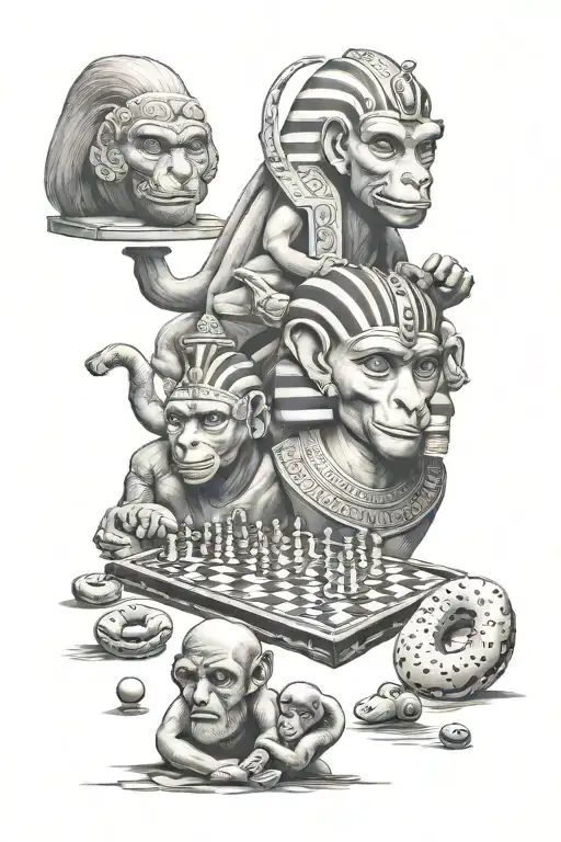 egyptian style, chess, monkeys, donuts tattoo design idea