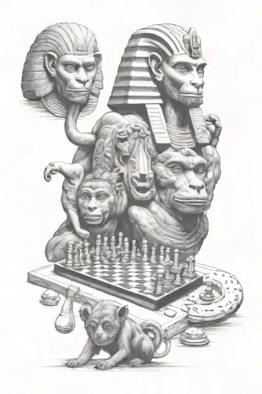egyptian style, chess, monkeys, donuts tattoo design idea