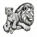A tattoo design featuring a lion symbolizing loyalty and protection, with a small lion cub representing your son, in a black-grey style tattoo design idea