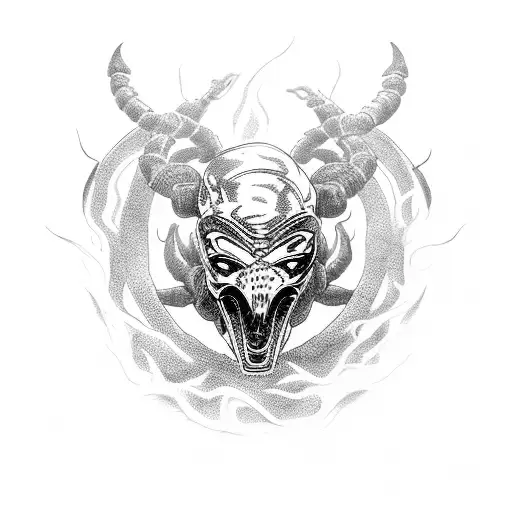 mortal kombat scorpion with a chain and fire burning tattoo design idea