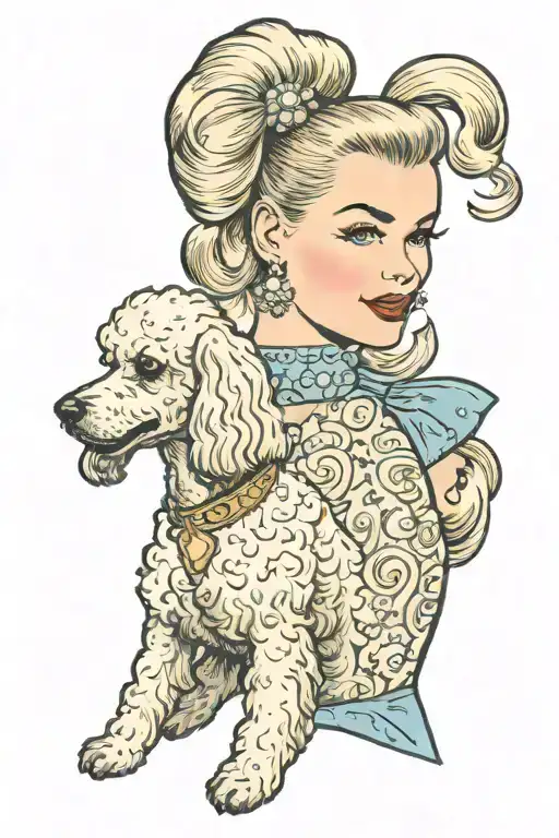 fifties, woman with long blonde hair tied in a ponytail, poodle tattoo design idea