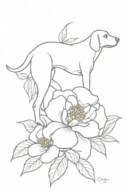 coonhound & peony roses mayflowers hibiscus tattoo design idea