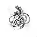 Design a tattoo featuring a snake and a dragon in a dotwork style tattoo design idea
