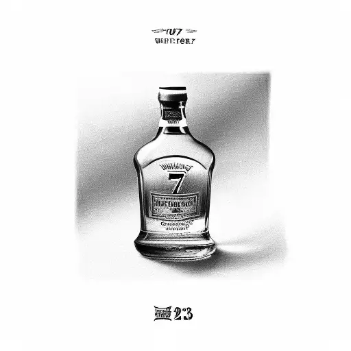 Draw a whiskey bottle with the number 7 on it, and write the date 23.07.02. underneath it. tattoo design idea