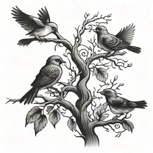 tree branch with 3 birds one on branch and other 2 flying away tattoo design idea