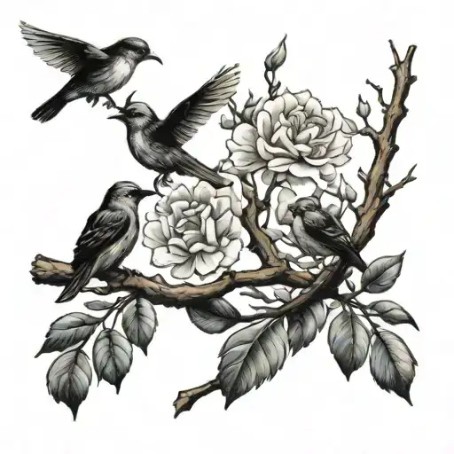 one small tree branch with 3 birds flying away, one holding flower tattoo design idea