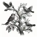 tree branch with 3 birds one on branch and other 2 flying away tattoo design idea