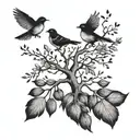 tree branch with 3 birds one on branch and other 2 flying away tattoo design idea
