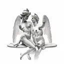 eros and anteros, in a classical statue style, nude tattoo design idea
