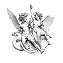 eros and anteros, in a classical statue style, nude tattoo design idea