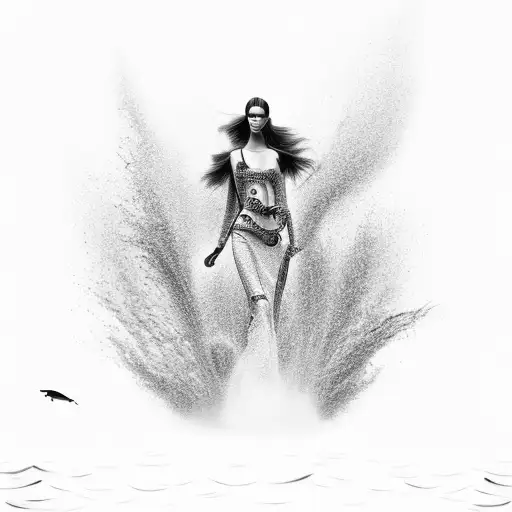 A black-grey tattoo of a fashion runway with models strutting on water, surrounded by majestic marine creatures. tattoo design idea