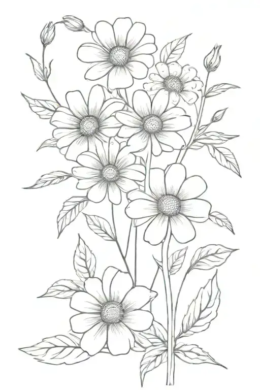  Daisy flowers, rose, and cosmo bouquet fine line tattoo design idea