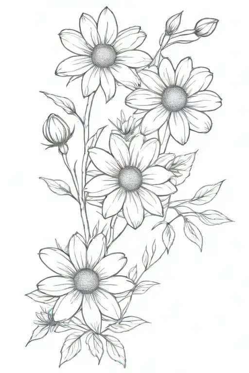 two Daisy flowers, rose, and cosmo bouquet fine line tattoo design idea