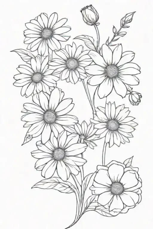 Daisy, rose, daisy and cosmo flower bouquet fine line with cosmo in the middle  tattoo design idea