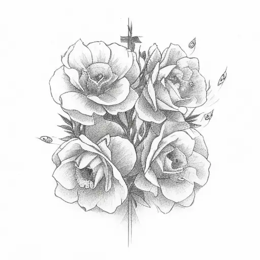 a cross surrounded with flowers and three butterflies with the proverbs 3:5-6 written underneath tattoo design idea