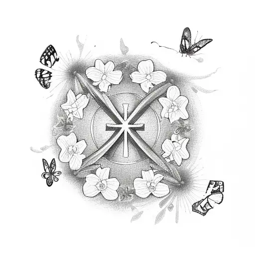 a thin cross surrounded with flowers,butterflies with proverbs 3:5-6 written underneath tattoo design idea
