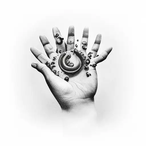 A realistic tattoo of a hand holding a spoonful of Kashmiri chilli powder, with the powder forming into a beautiful pattern tattoo design idea