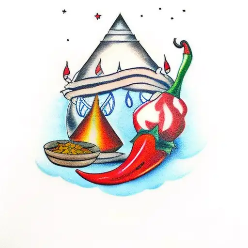 A traditional tattoo of a Kashmiri chilli pepper surrounded by traditional Indian spices and herbs tattoo design idea