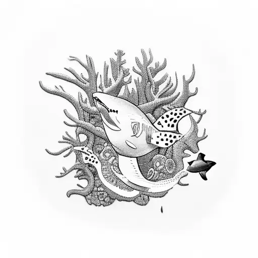 An artistic blackwork tattoo showcasing a scuba diver surrounded by a vibrant coral reef, with sharks and stingrays gracefully swimming in the background tattoo design idea