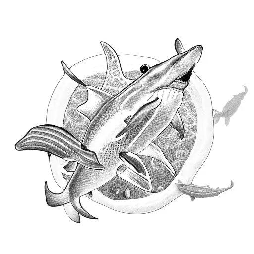An intricate blackwork tattoo featuring a scuba diver surrounded by a mesmerizing underwater scene of sharks and stingrays tattoo design idea