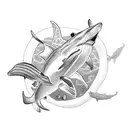 An intricate blackwork tattoo featuring a scuba diver surrounded by a mesmerizing underwater scene of sharks and stingrays tattoo design idea