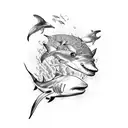 An intricate blackwork tattoo featuring a scuba diver surrounded by a mesmerizing underwater scene of sharks and stingrays tattoo design idea