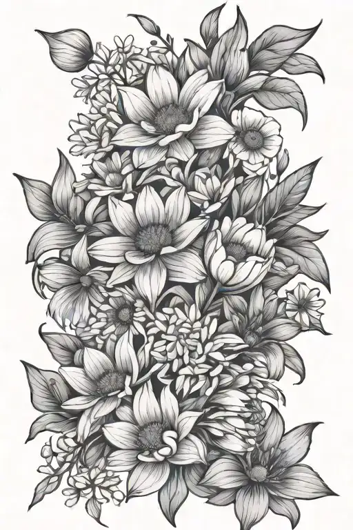 flower bouquet of daises, daffodils, water lilies, and poppies tattoo design idea