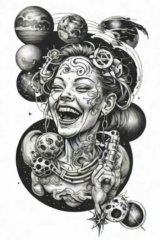Laughing girl, sticked into 2 Planets, holding laser beam tattoo design idea