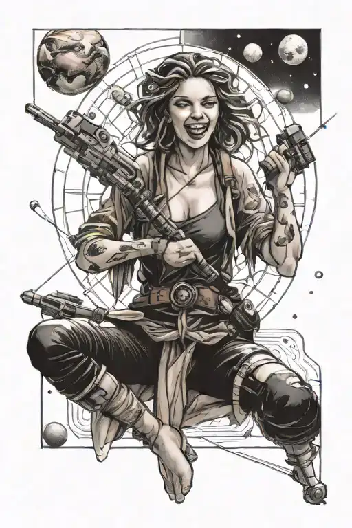 Laughing girl, sticked between Planets, holding laser sword, compass  tattoo design idea