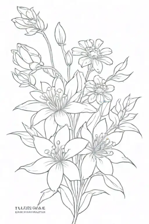 chrysanthemums and lily of the valley and daisy fine line  tattoo design idea